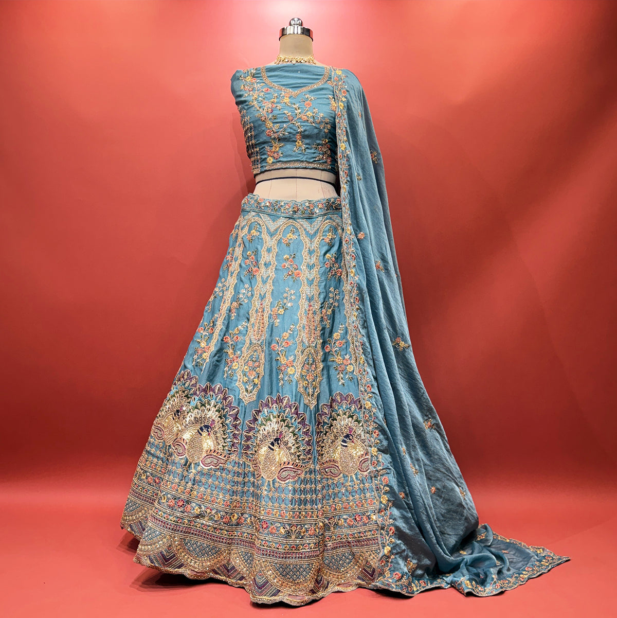 The Ananda Collection: Blue Heritage Lehenga Ensemble – Blue – view 1