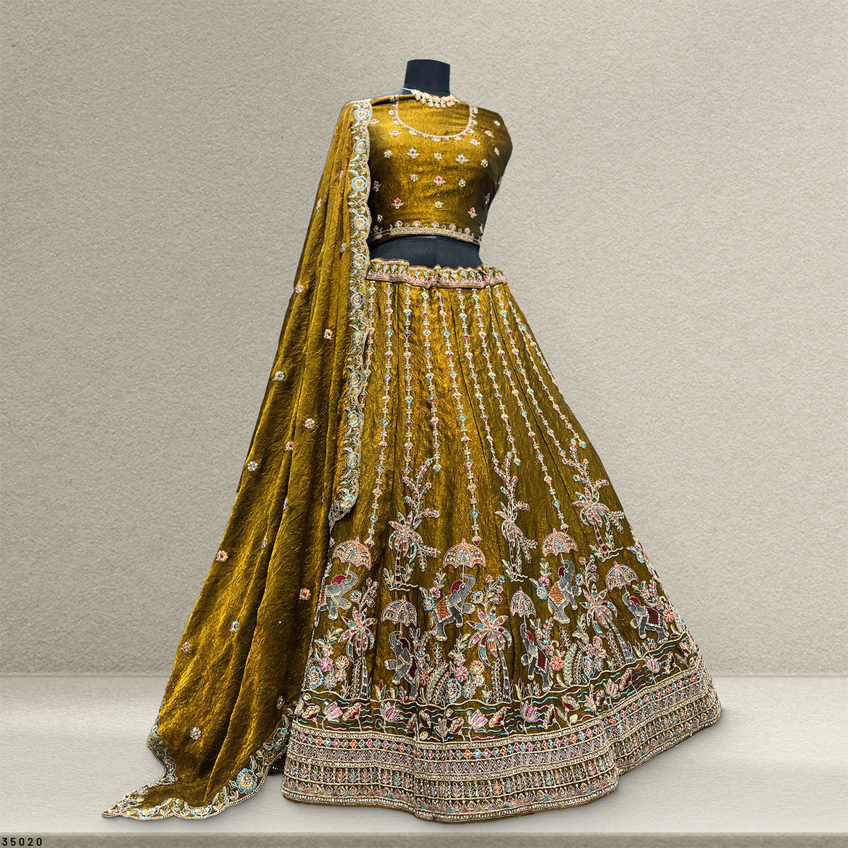 The Utsav Darbar: Green Silk Lehenga Ensemble – Green – view 2