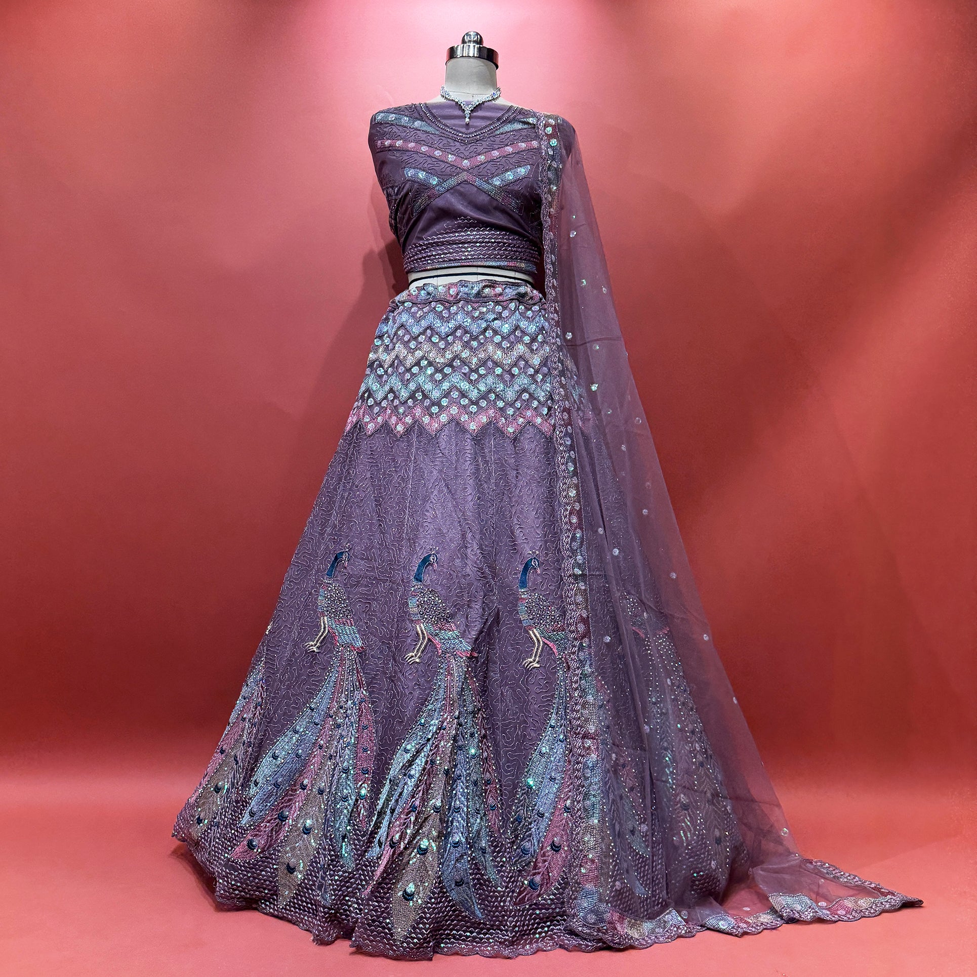 The Ananda Heirloom: Pink Net Lehenga Ensemble – Baby Pink – view 3