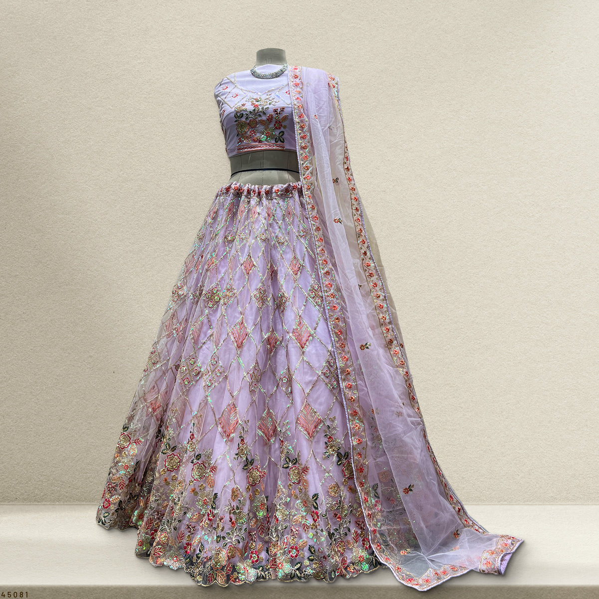 The Kalyani Darbar: Lavender Net Lehenga Ensemble II – Lavender – view 1
