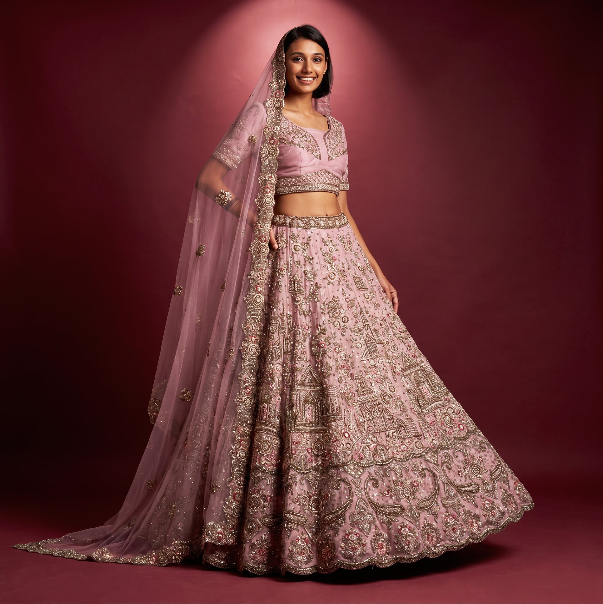 The Amber Fort Heirloom: Pink Heritage Lehenga Ensemble – Baby Pink – view 2