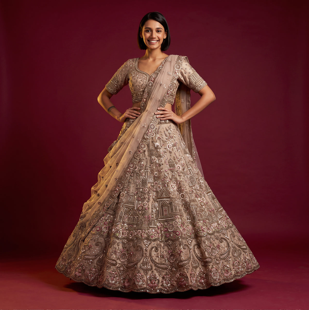 The Amber Fort Heirloom: Pink Heritage Lehenga Ensemble – Baby Pink – view 6