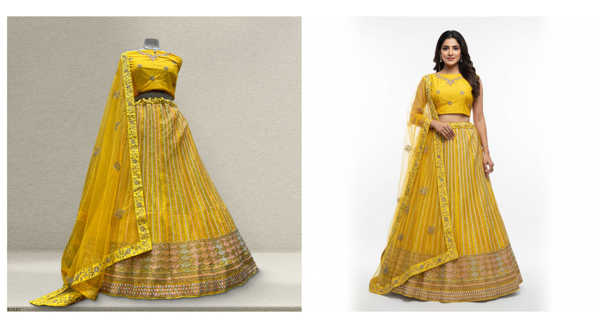 The Aarohi Collection: Yellow Net Lehenga Ensemble I – Yellow – view 1