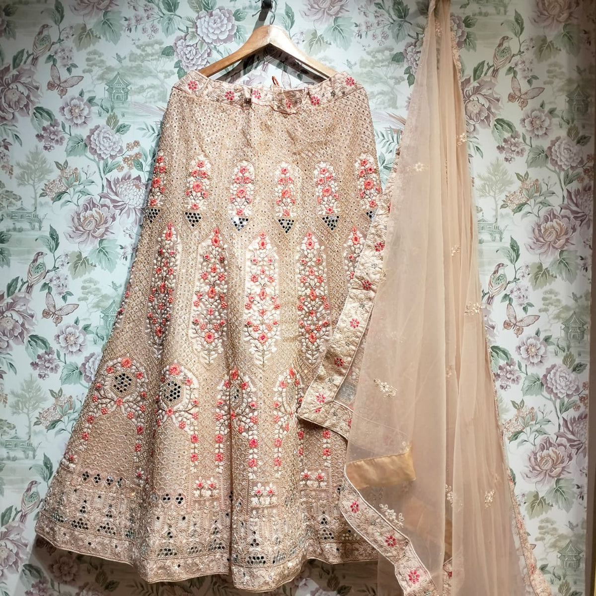 The Ananda Darbar: Peach Heritage Lehenga Ensemble I – Peach – view 1