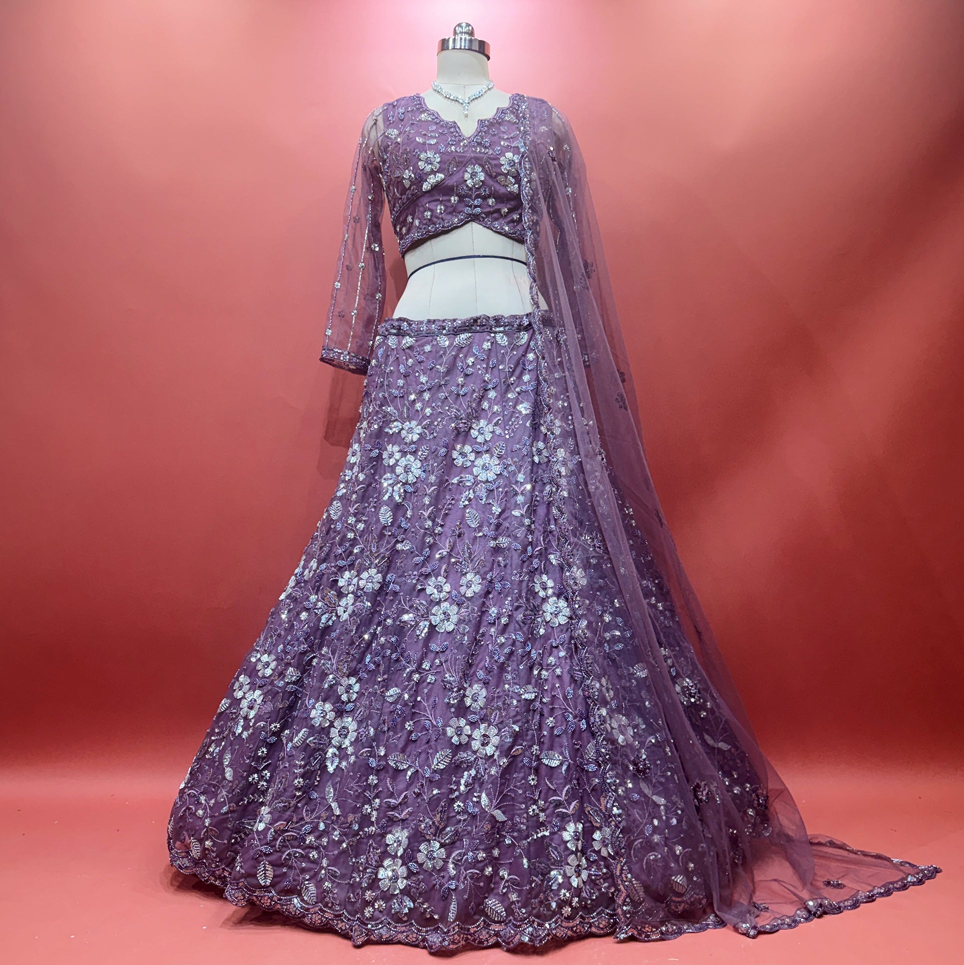 The Parampara Darbar: Pink Net Lehenga Ensemble IV – Baby Pink – view 3
