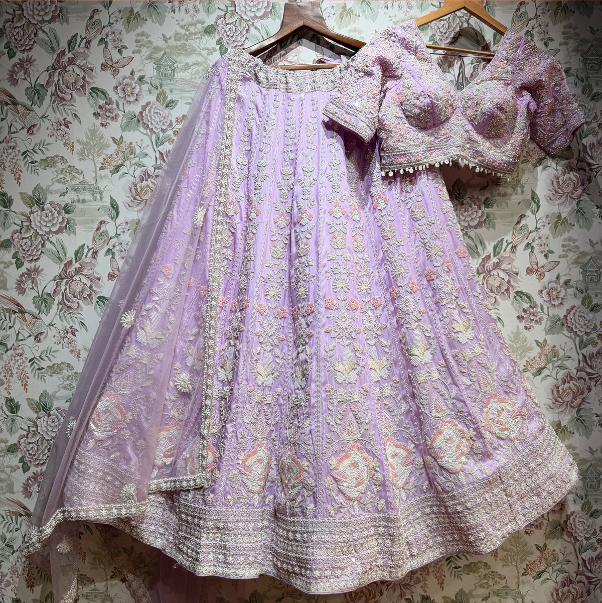 The Parampara Collection: Blue Silk Lehenga Ensemble II - Lavender - view 3