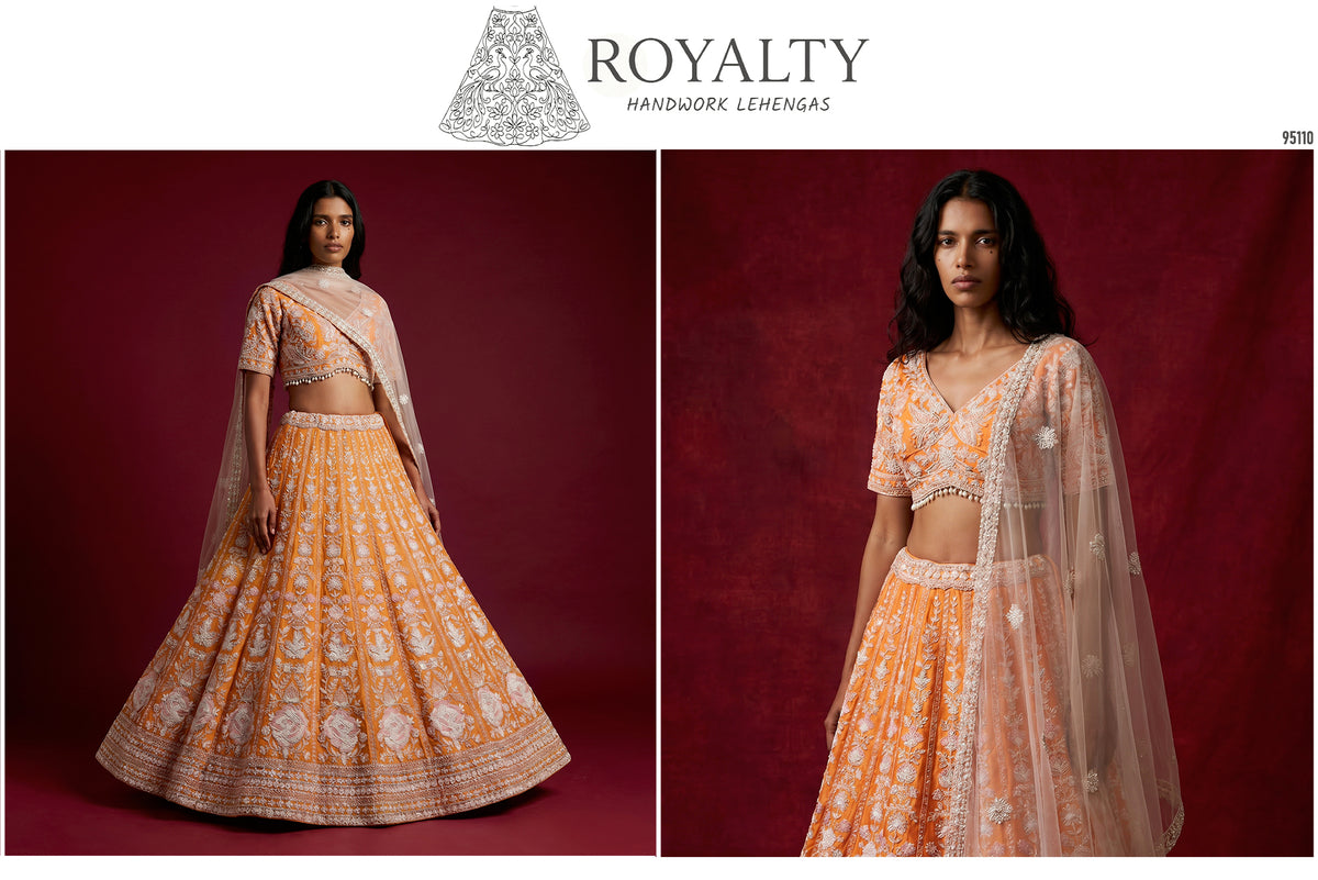The Parampara Collection: Blue Silk Lehenga Ensemble II - Orange - view 4