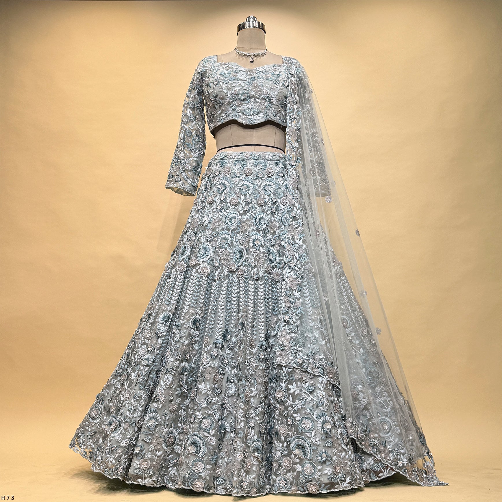 The Kashi Trousseau Darbar: Grey Net Lehenga Ensemble I – Grey – view 1
