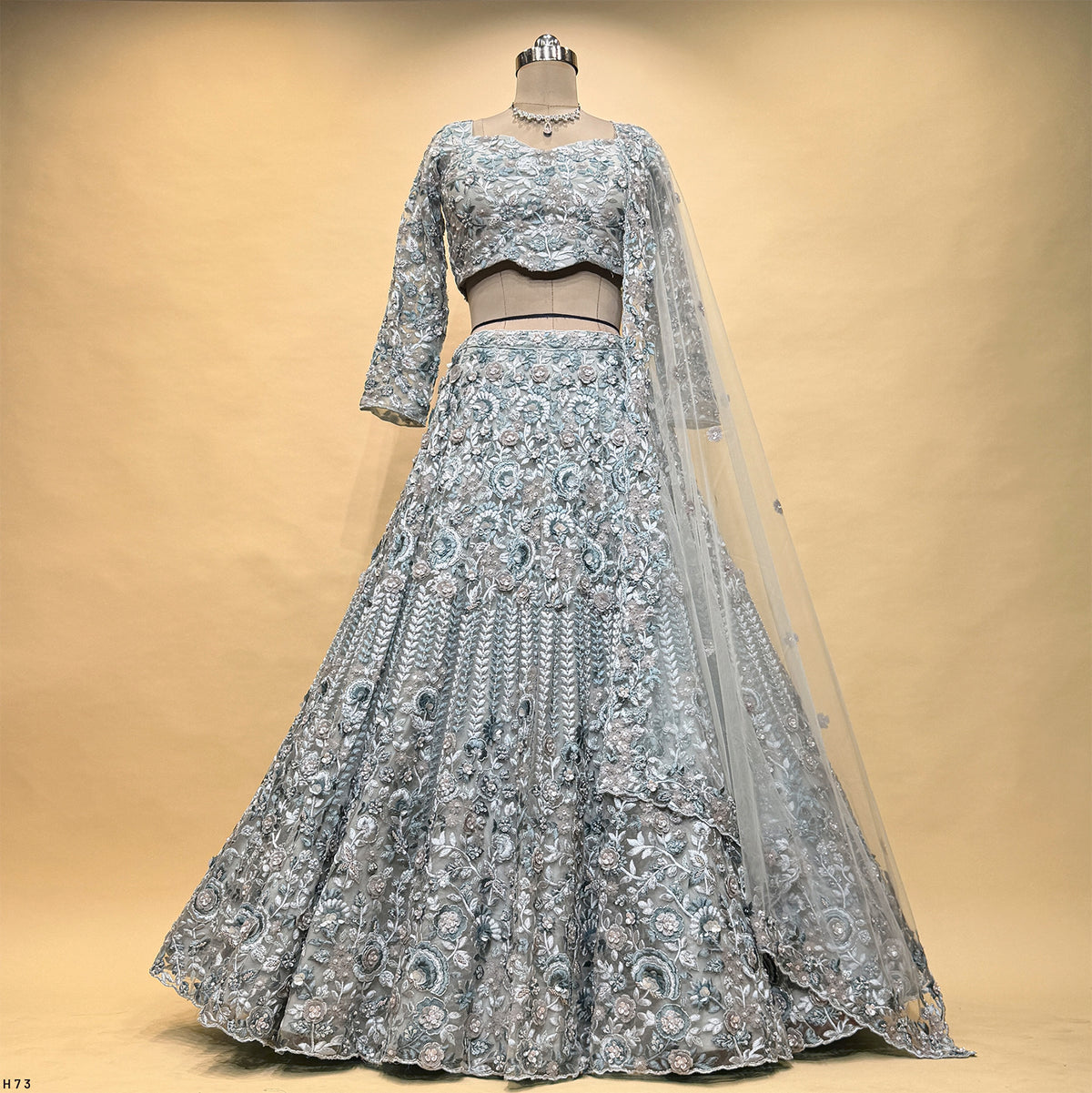The Kashi Trousseau Darbar: Grey Net Lehenga Ensemble I – Grey – view 1