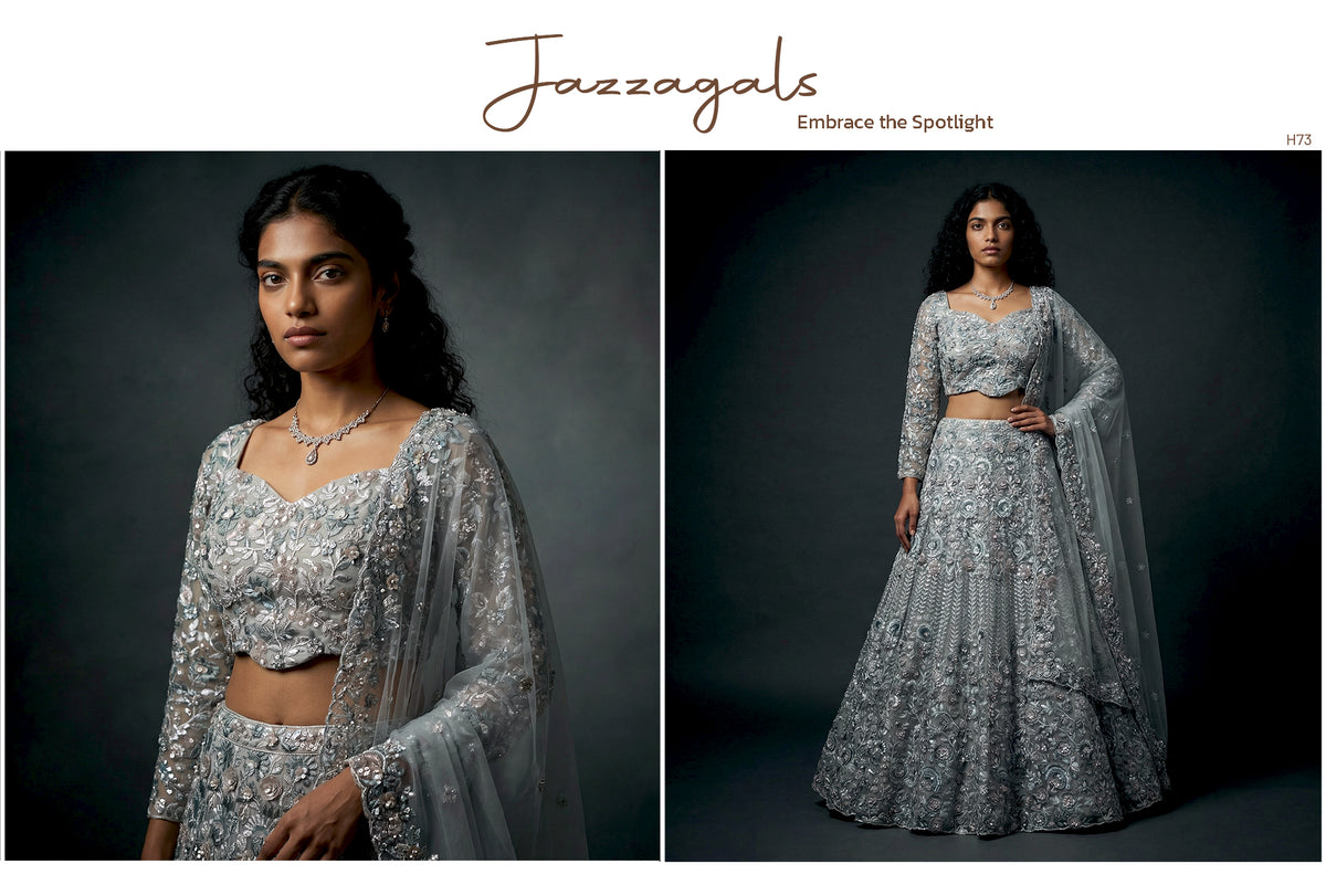 The Kashi Trousseau Darbar: Grey Net Lehenga Ensemble I – Grey – view 2