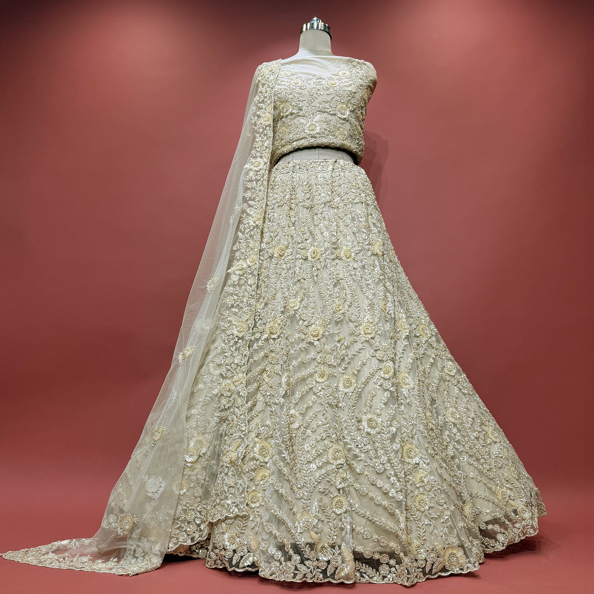 The Banaras Loom Collection: Ivory Heritage Lehenga Ensemble I – Ivory – view 3