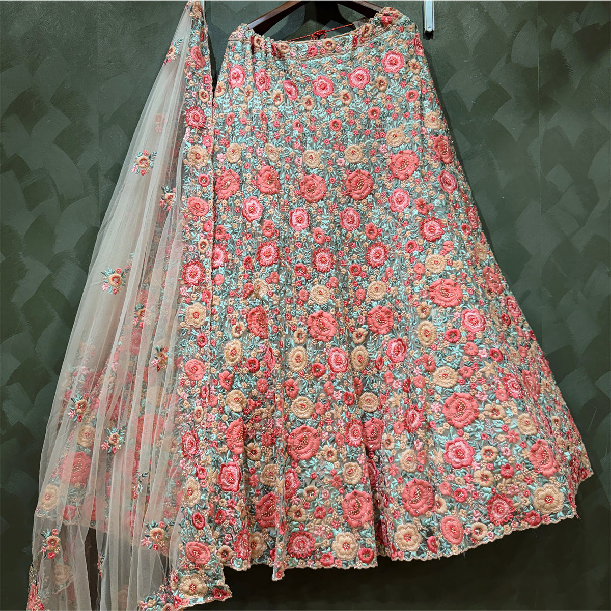 The Mangalam Collection: Peach Heritage Lehenga Ensemble – Multi Colour and Peach – view 1
