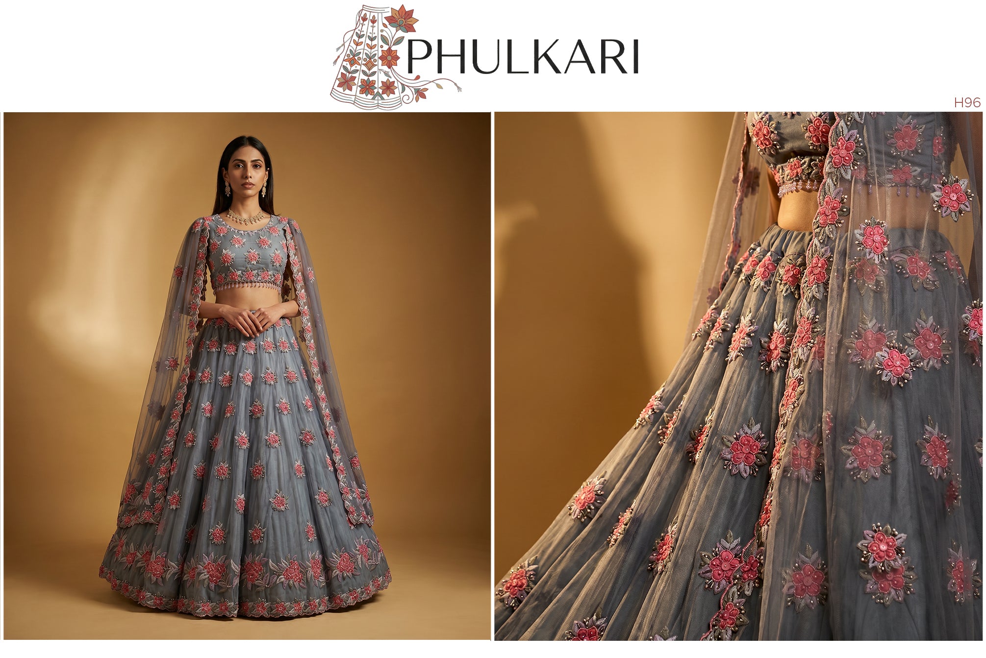 The Amber Fort Heirloom: Grey Net Lehenga Ensemble I – Grey – view 2