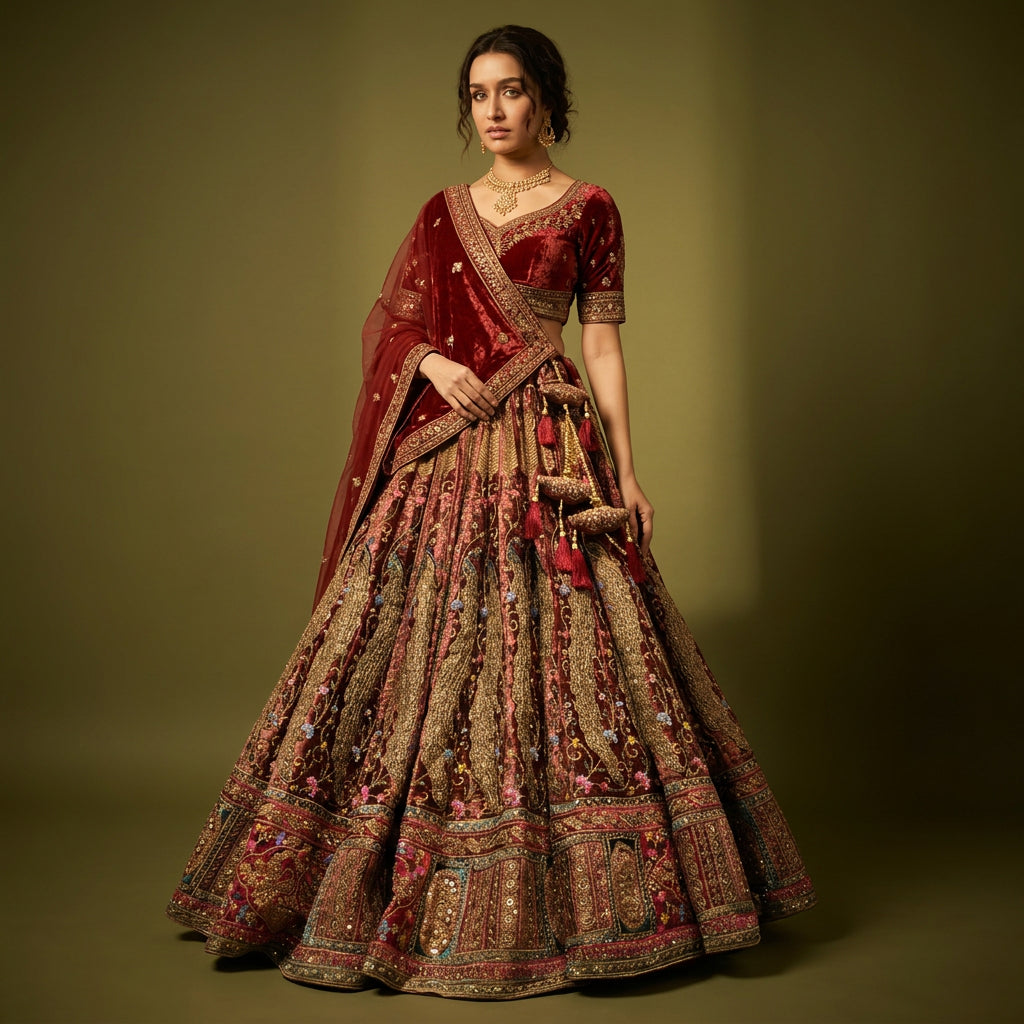 The Ananda Heirloom: Maroon Heritage Lehenga Ensemble IV – Maroon – view 3