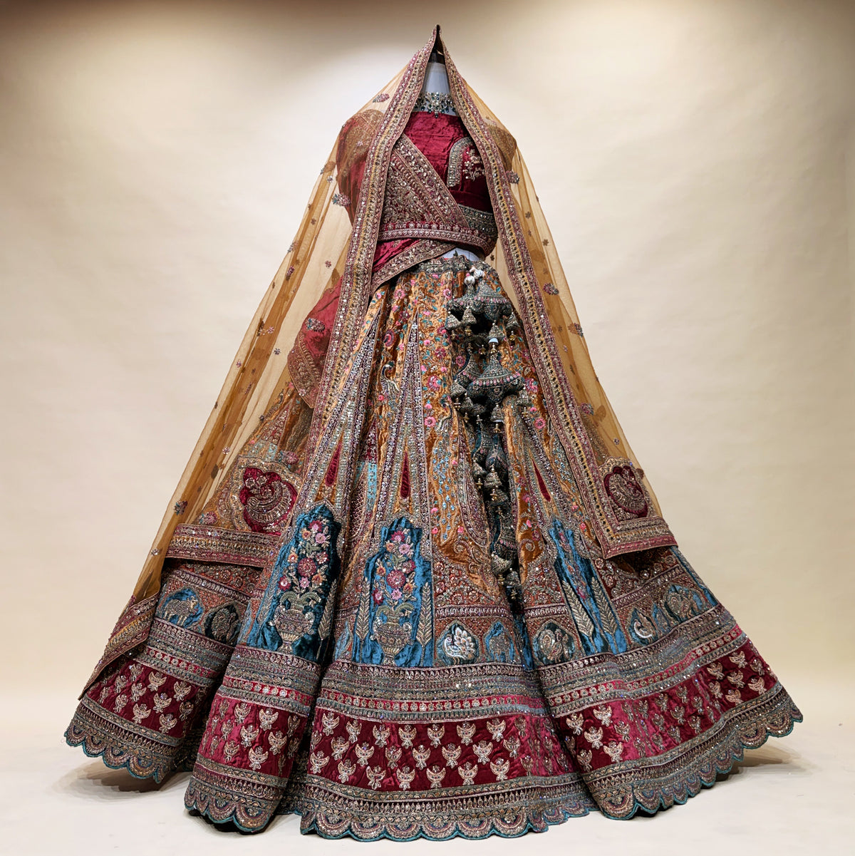 The Jharokha Heirloom Edit: Maroon Plush Velvet Lehenga Ensemble IV – Multi Colour and Maroon – view 1