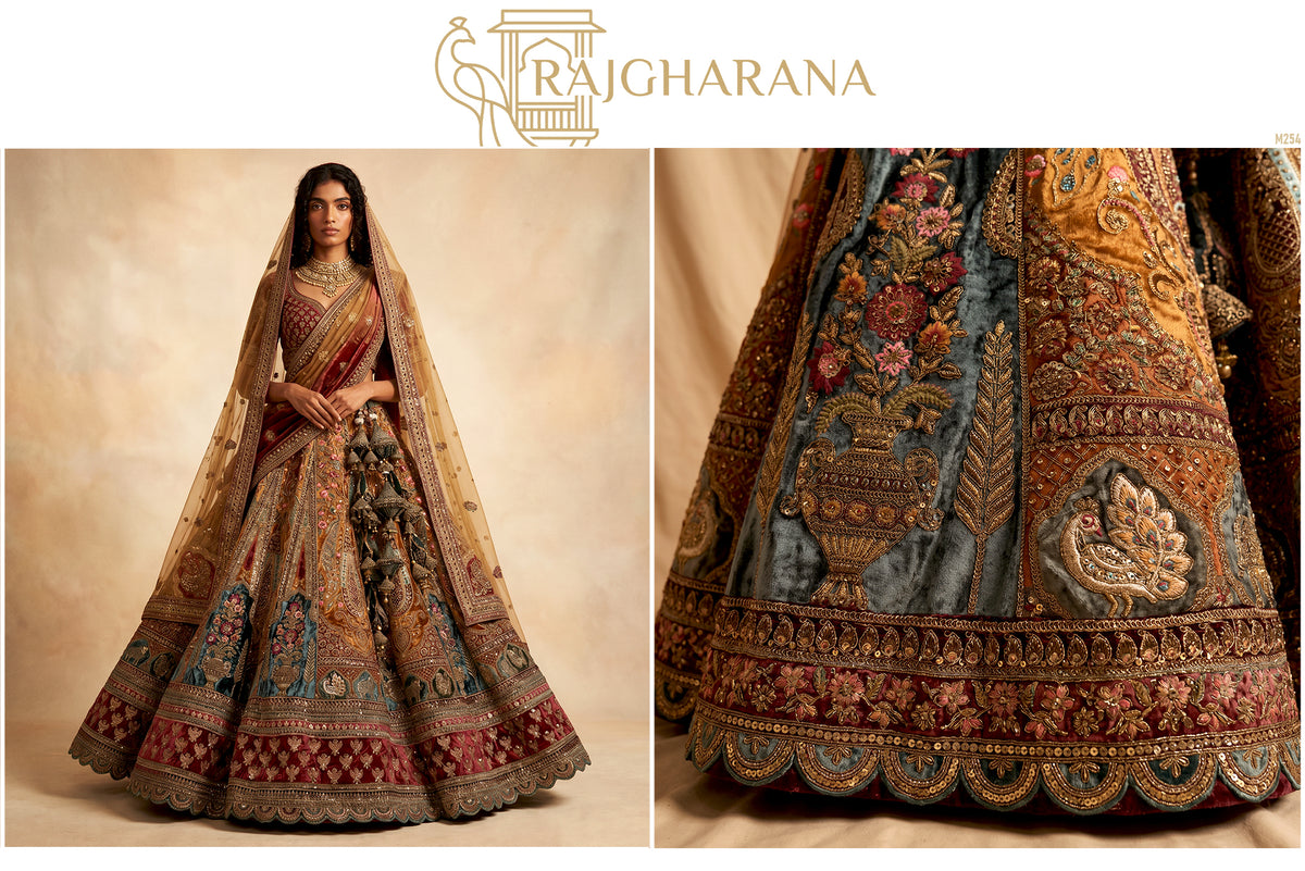 The Jharokha Heirloom Edit: Maroon Plush Velvet Lehenga Ensemble IV – Multi Colour and Maroon – view 2