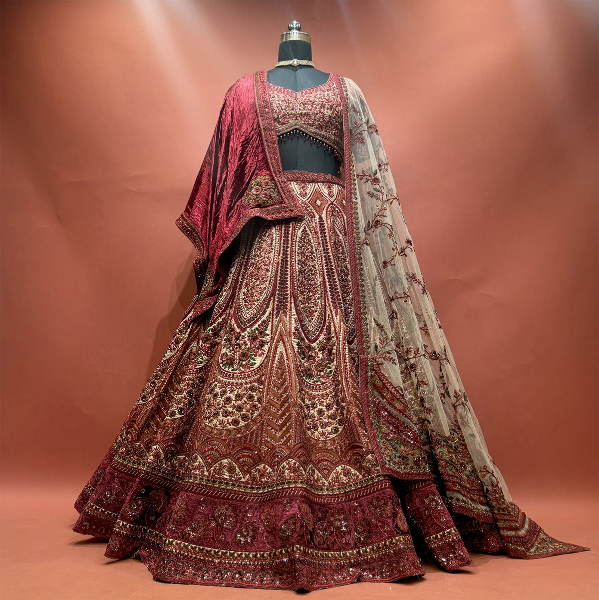 The Noor Mahal Edit: Maroon Lehenga Ensemble - Maroon - view 1