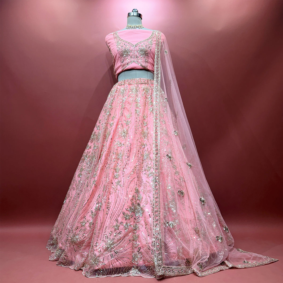 The Jharokha Heirloom Darbar: Blue Net Lehenga Ensemble II - Pink - view 5