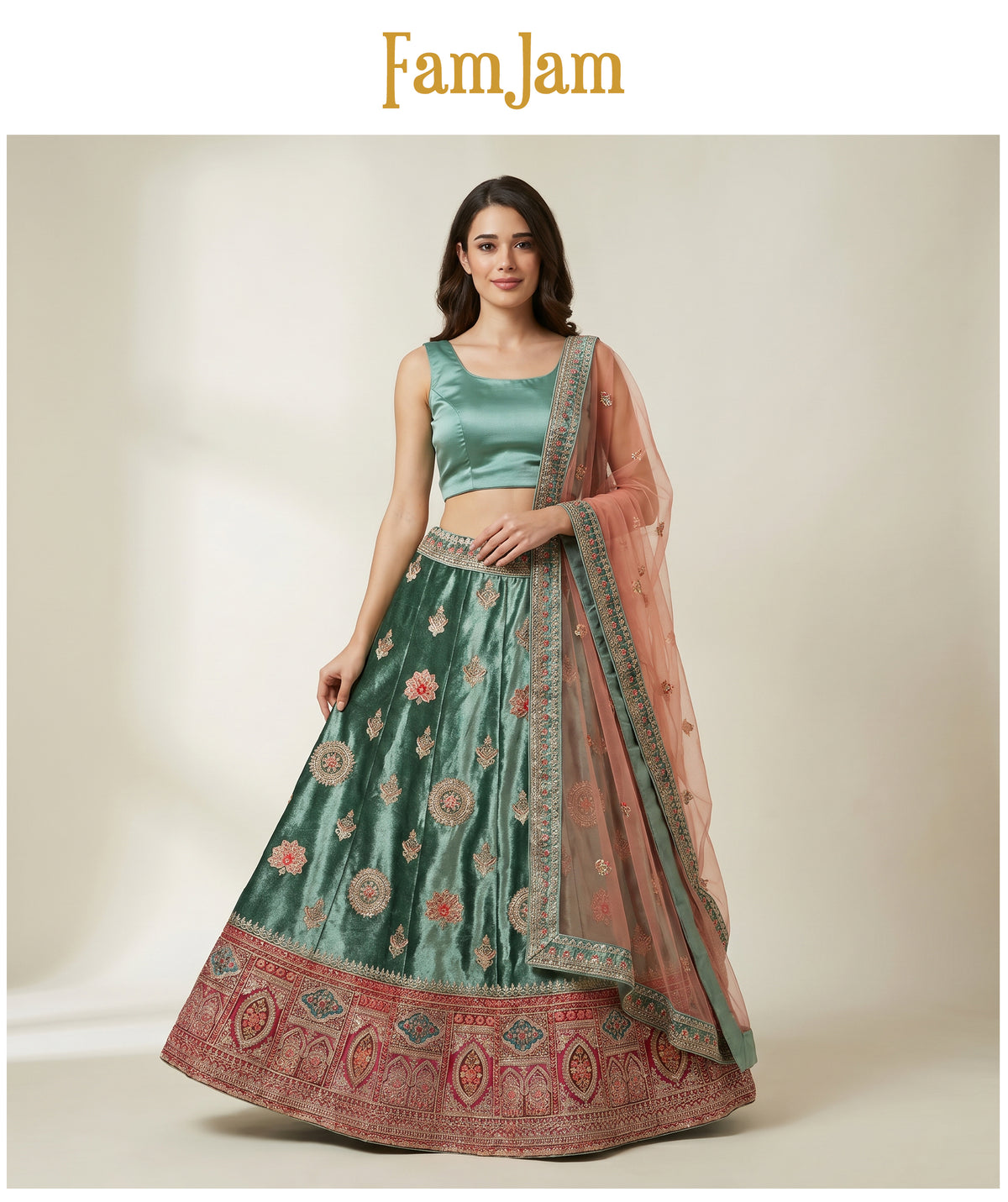 The Kashi Trousseau Darbar: Green Heritage Lehenga Ensemble IV – Green – view 2
