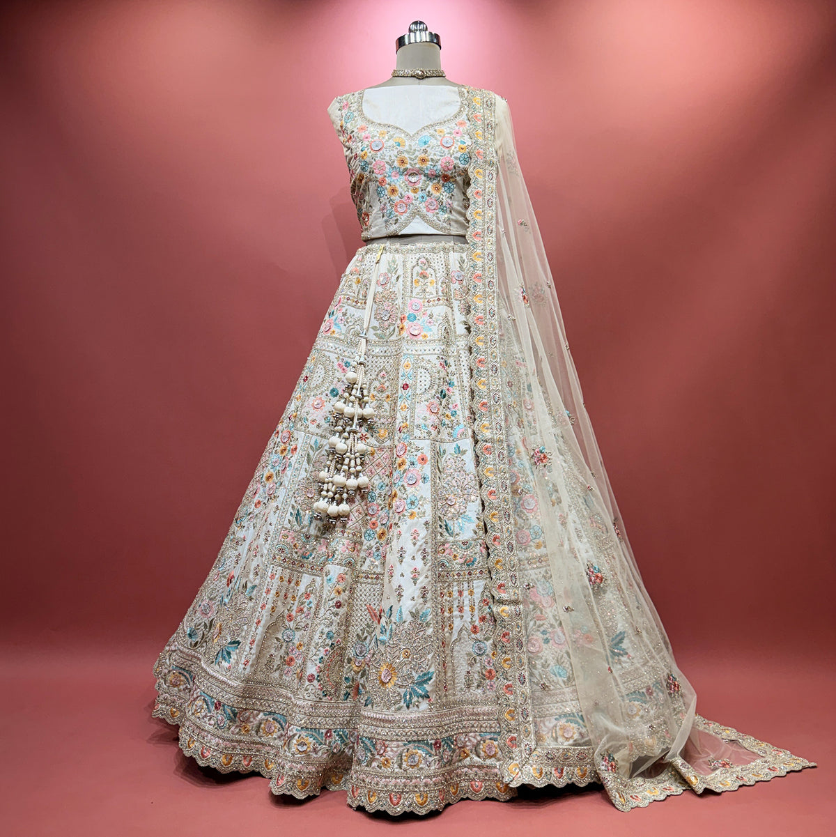 The Jharokha Heirloom Edit: Ivory Heritage Lehenga Ensemble IV – Multi Colour and Ivory – view 1