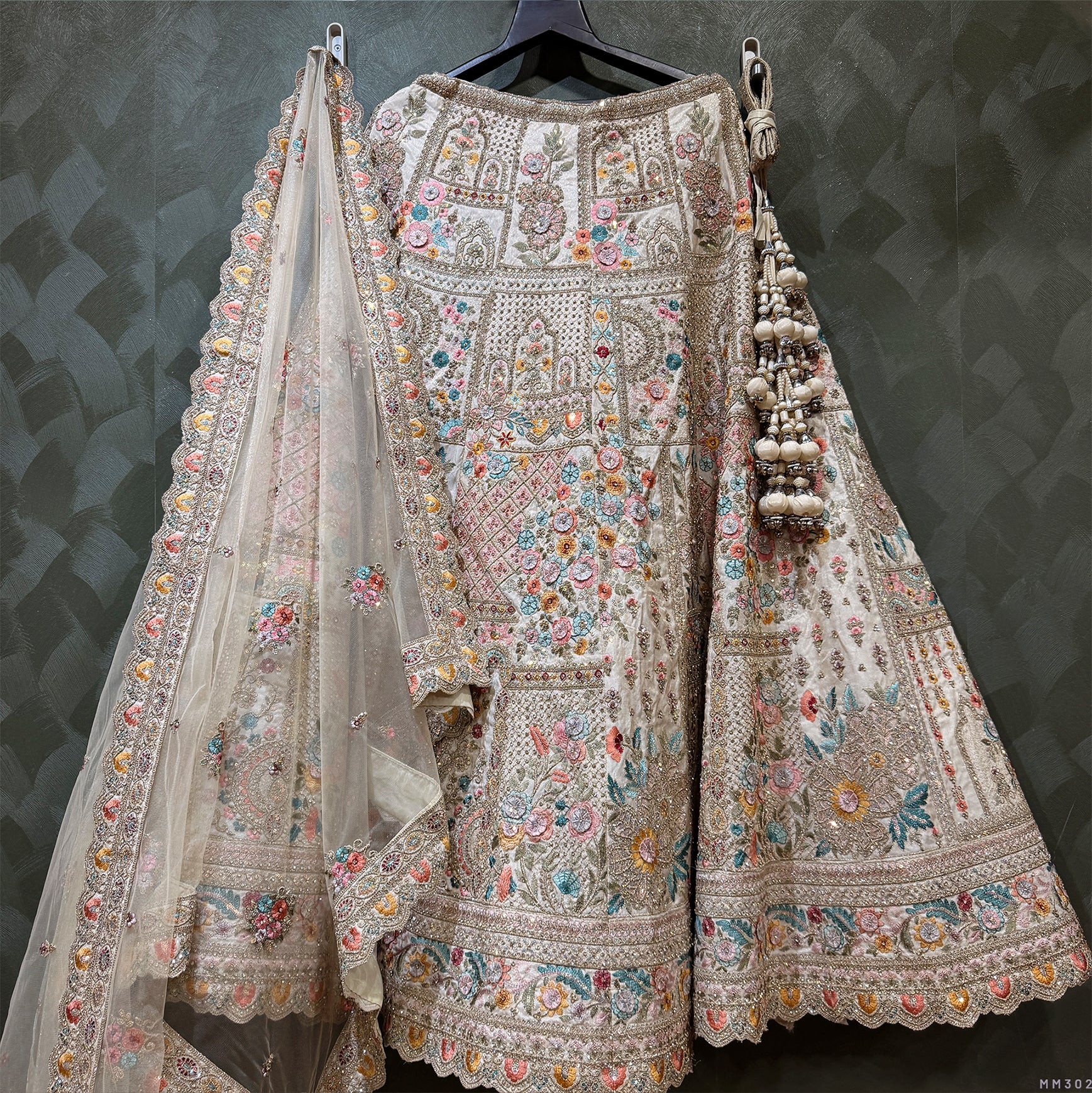 The Jharokha Heirloom Edit: Ivory Heritage Lehenga Ensemble IV – Multi Colour and Ivory – view 3
