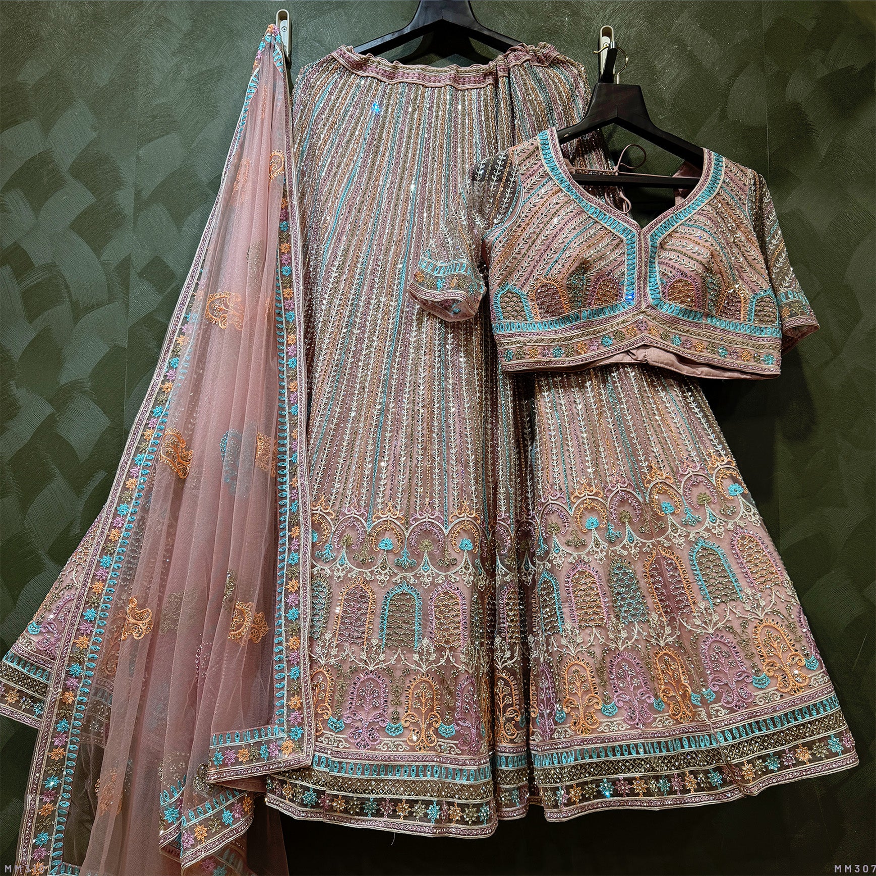 The Aarohi Darbar: Pink Heritage Lehenga Ensemble III – Baby Pink and Multi Colour – view 1