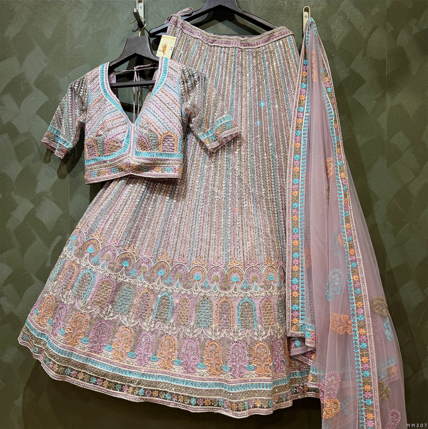 The Aarohi Darbar: Pink Heritage Lehenga Ensemble III – Baby Pink and Multi Colour – view 2