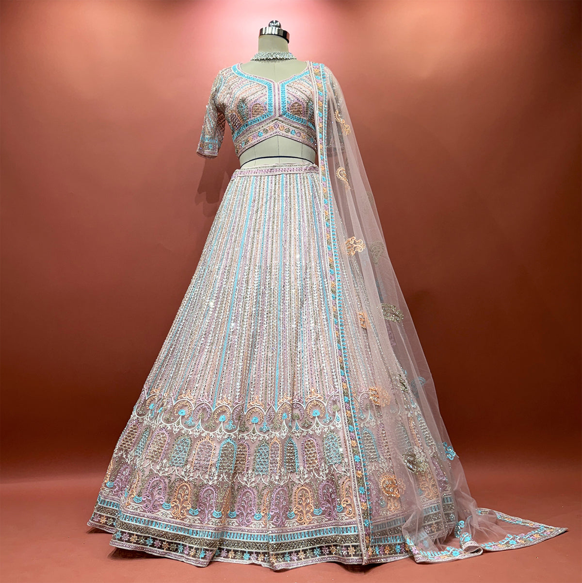 The Aarohi Darbar: Pink Heritage Lehenga Ensemble III - Lavender - view 3