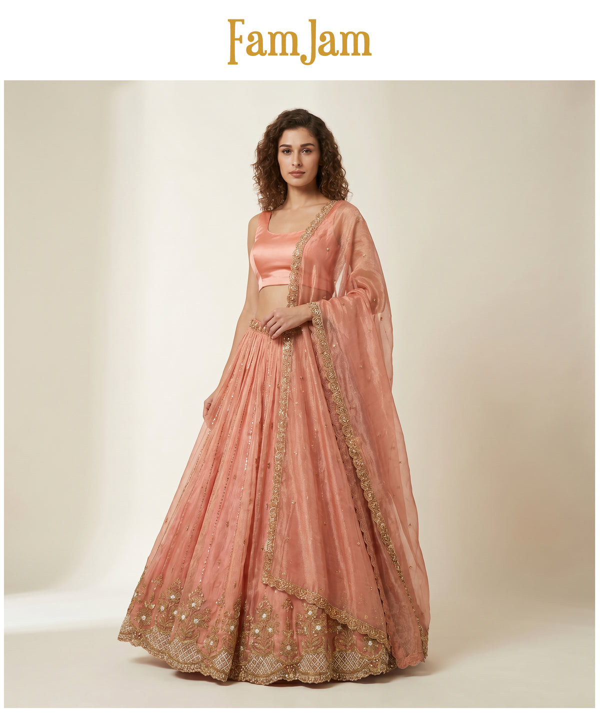 The Amber Fort Heirloom: Peach Heritage Lehenga Ensemble III – Peach – view 2