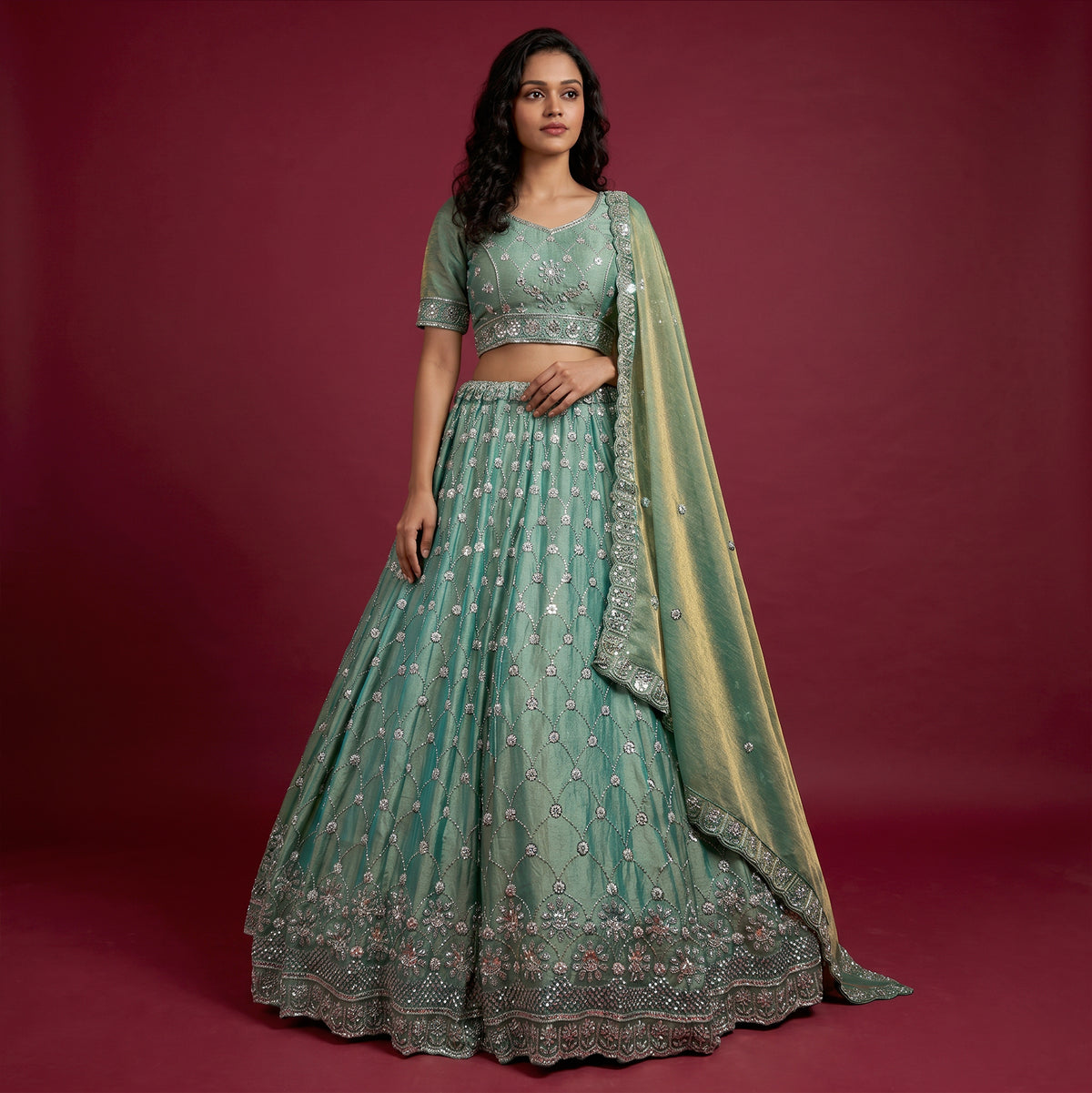 The Amber Fort Darbar: Green Silk Lehenga Ensemble IV – Green – view 3