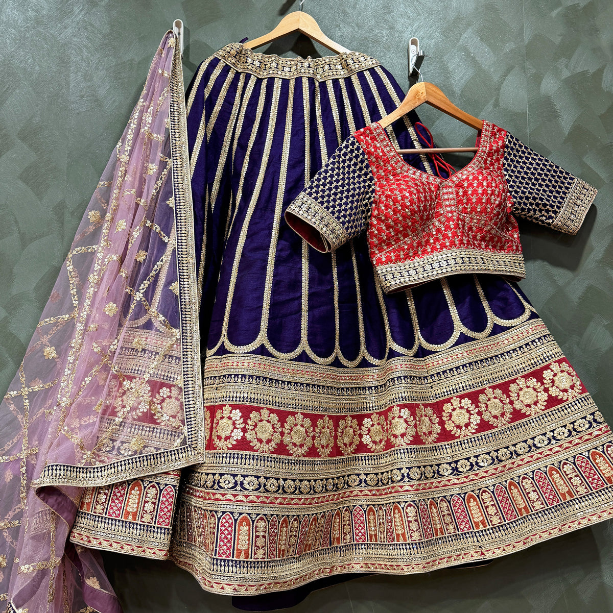 The Aarohi Heirloom: Wine Heritage Lehenga Ensemble – Wine – view 1