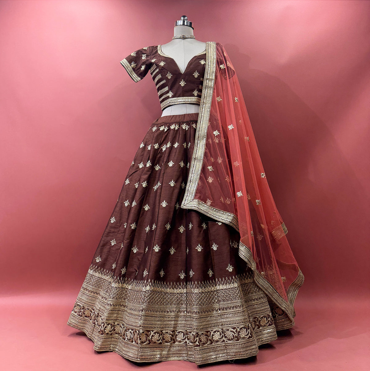 The Ananda Darbar: Brown Heritage Lehenga Ensemble III – Brown – view 1