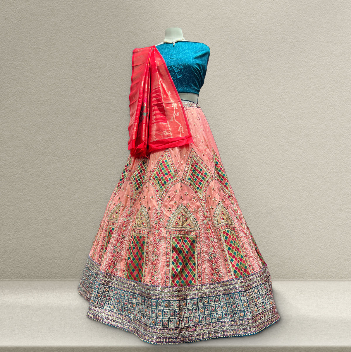The Vivaha Heirloom: Peach Heritage Lehenga Ensemble – Peach – view 1