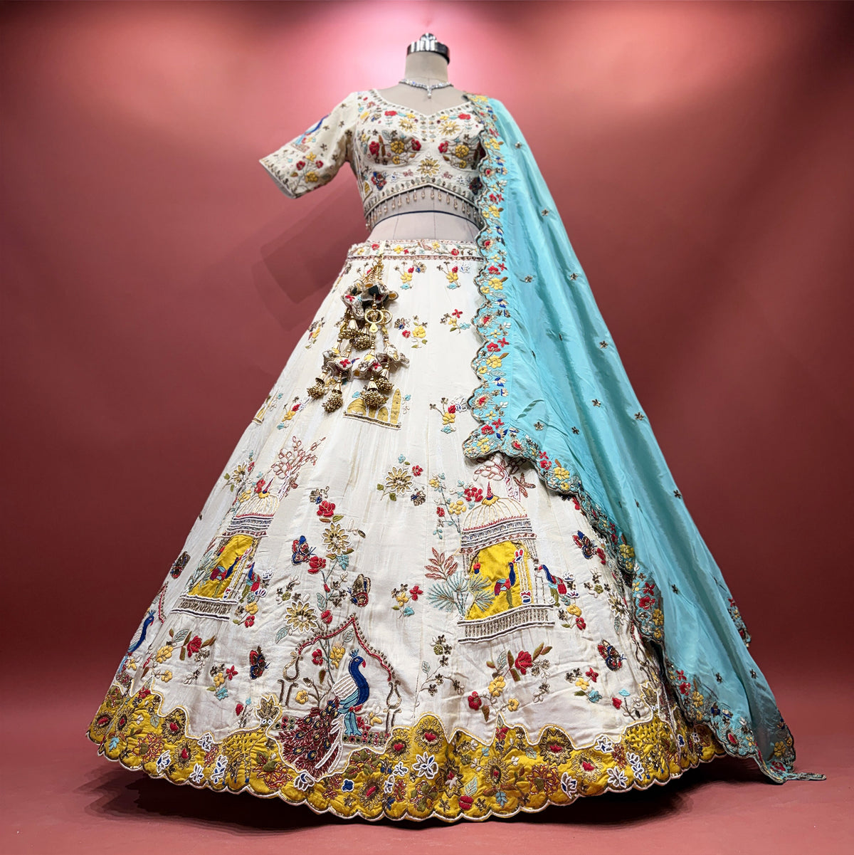 The Ananda Collection: Off White Blue Heritage Lehenga Ensemble II – Off White and Blue – view 1