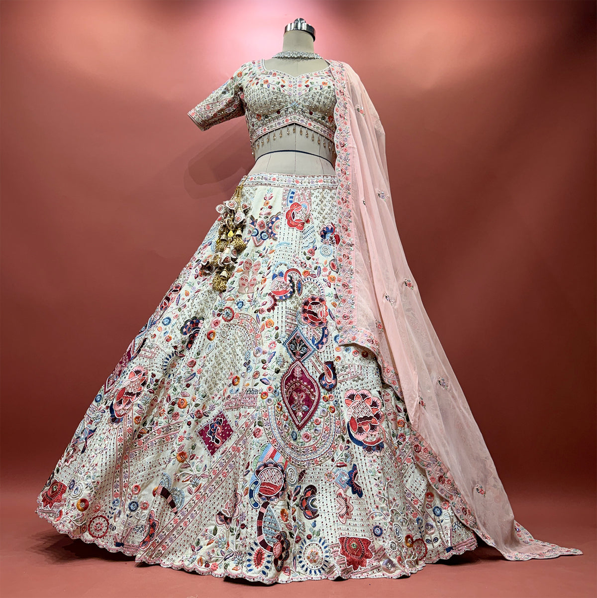 The Kalyani Collection: Ivory Multicolor Heritage Lehenga Ensemble IV – Multi Colour and Ivory – view 1