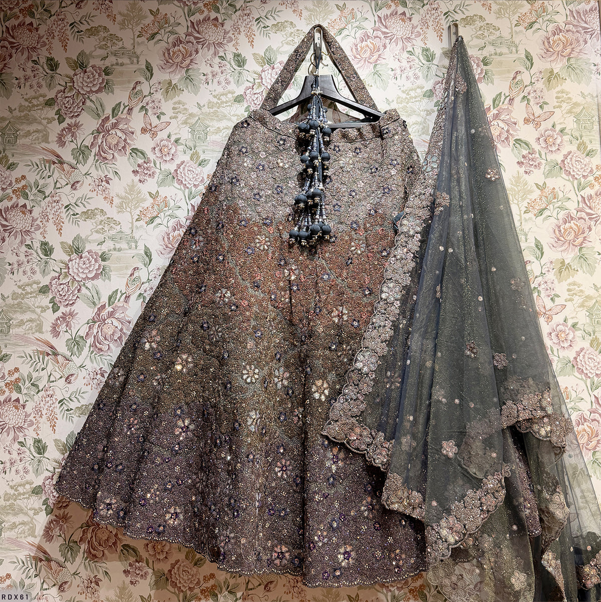 The Mangalam Collection: Grey Heritage Lehenga Ensemble III – Grey – view 3