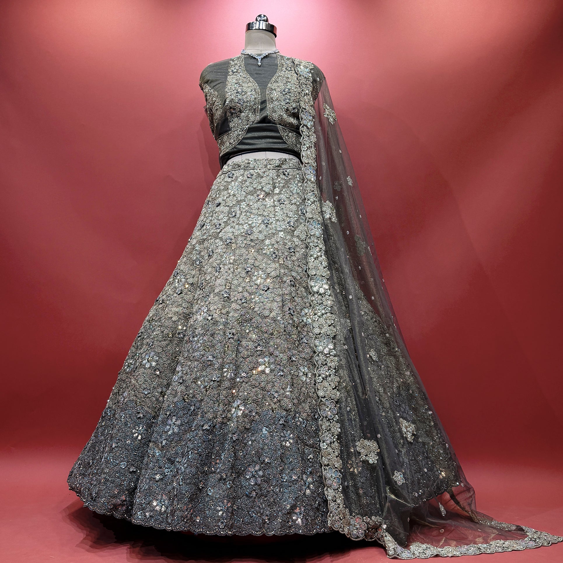 The Mangalam Collection: Grey Heritage Lehenga Ensemble III – Grey – view 2