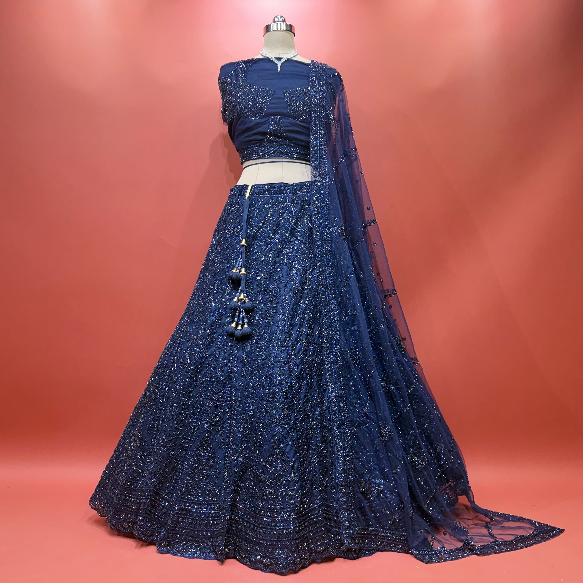 The Ananda Heirloom: Blue Heritage Lehenga Ensemble I – Blue – view 1
