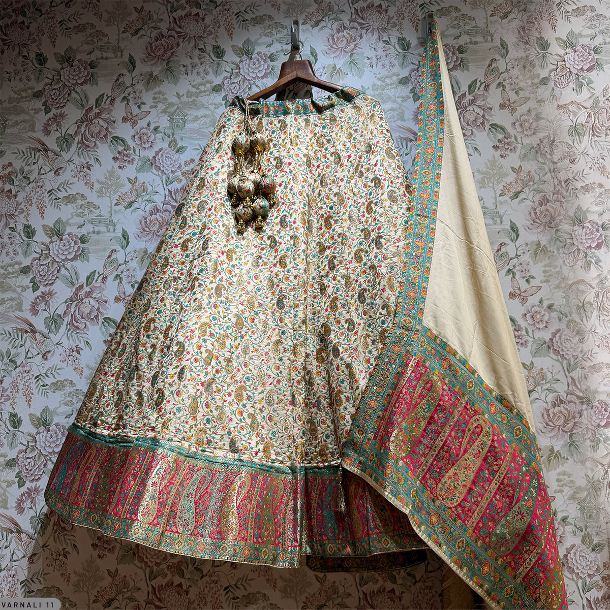 The Banaras Loom Heirloom: Ivory Heritage Lehenga Ensemble I – Multi Colour and Ivory – view 1