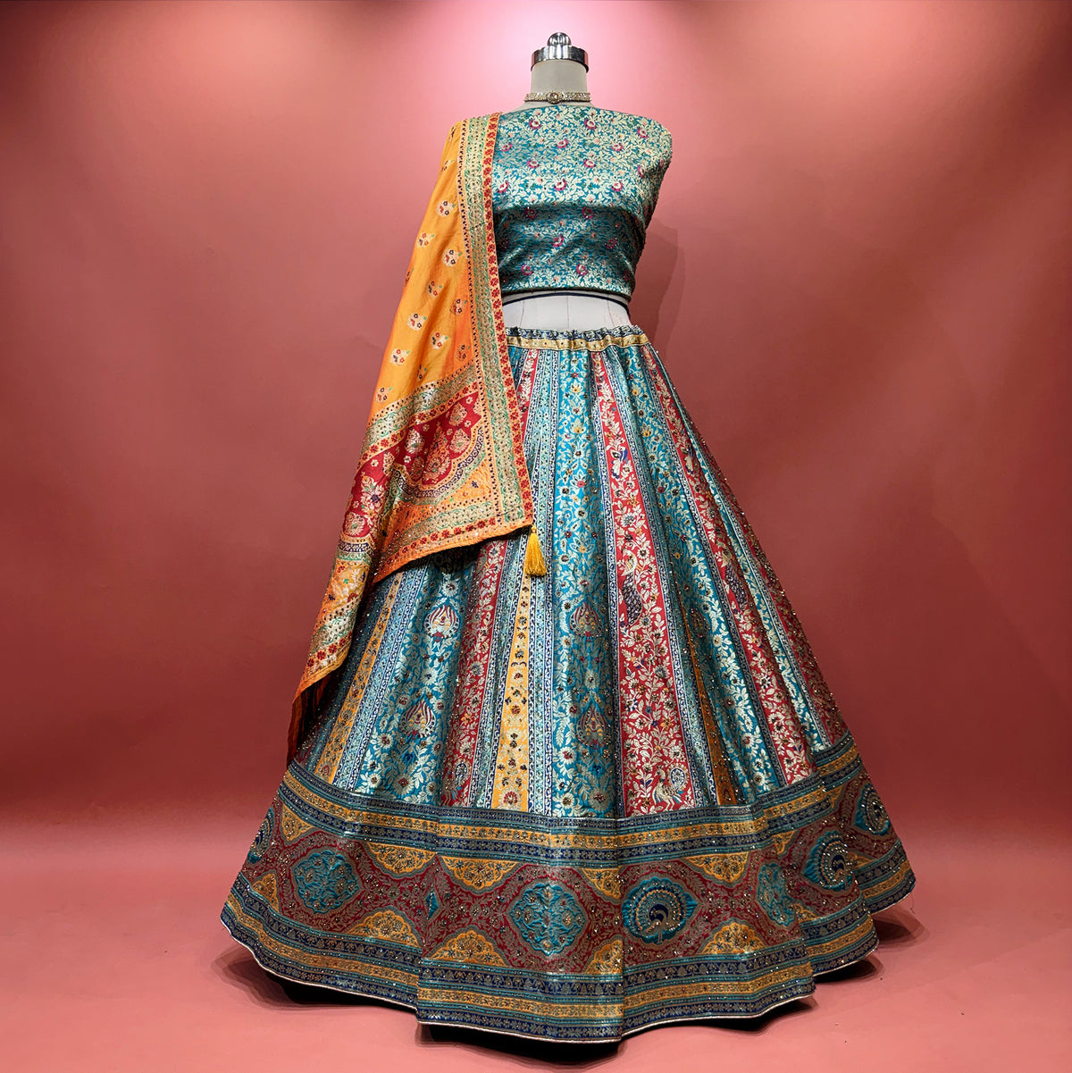 The Ananda Edit: Blue & Green Heritage Lehenga Ensemble II – Multi Colour, Green and Blue – view 1