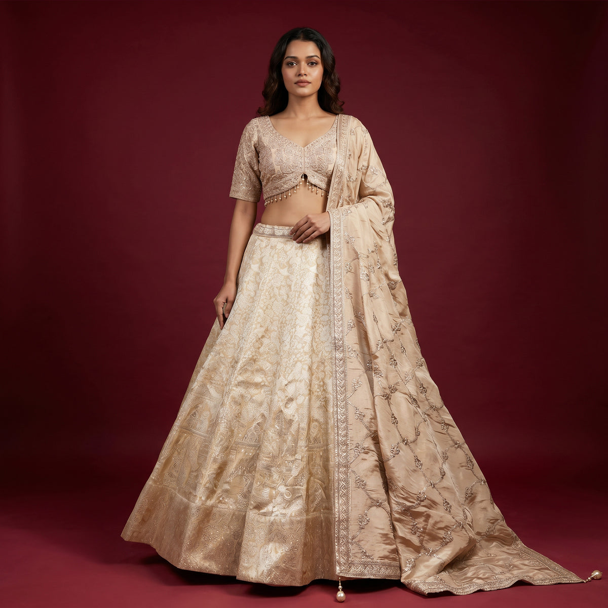 The Amber Fort Collection: Ivory & Gold Heritage Lehenga Ensemble II – Ivory and Gold – view 2