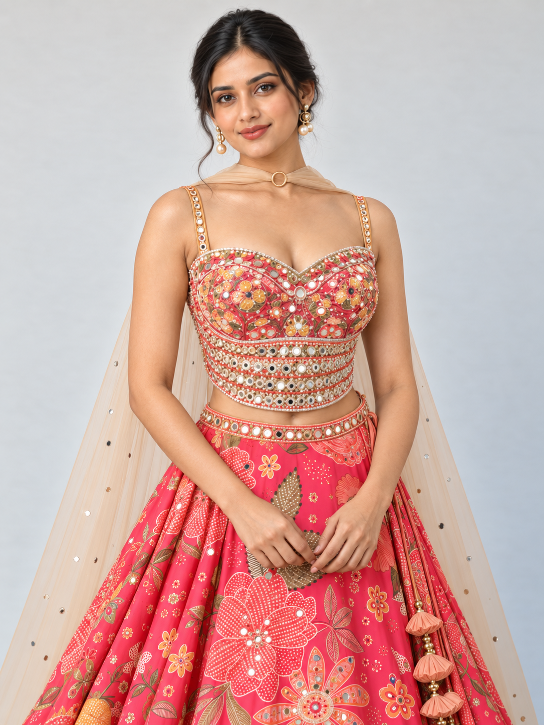 The Rang Mahal Edit: Gulmohar Floral Mirrorwork Georgette Lehenga — Coral Pink — close-up