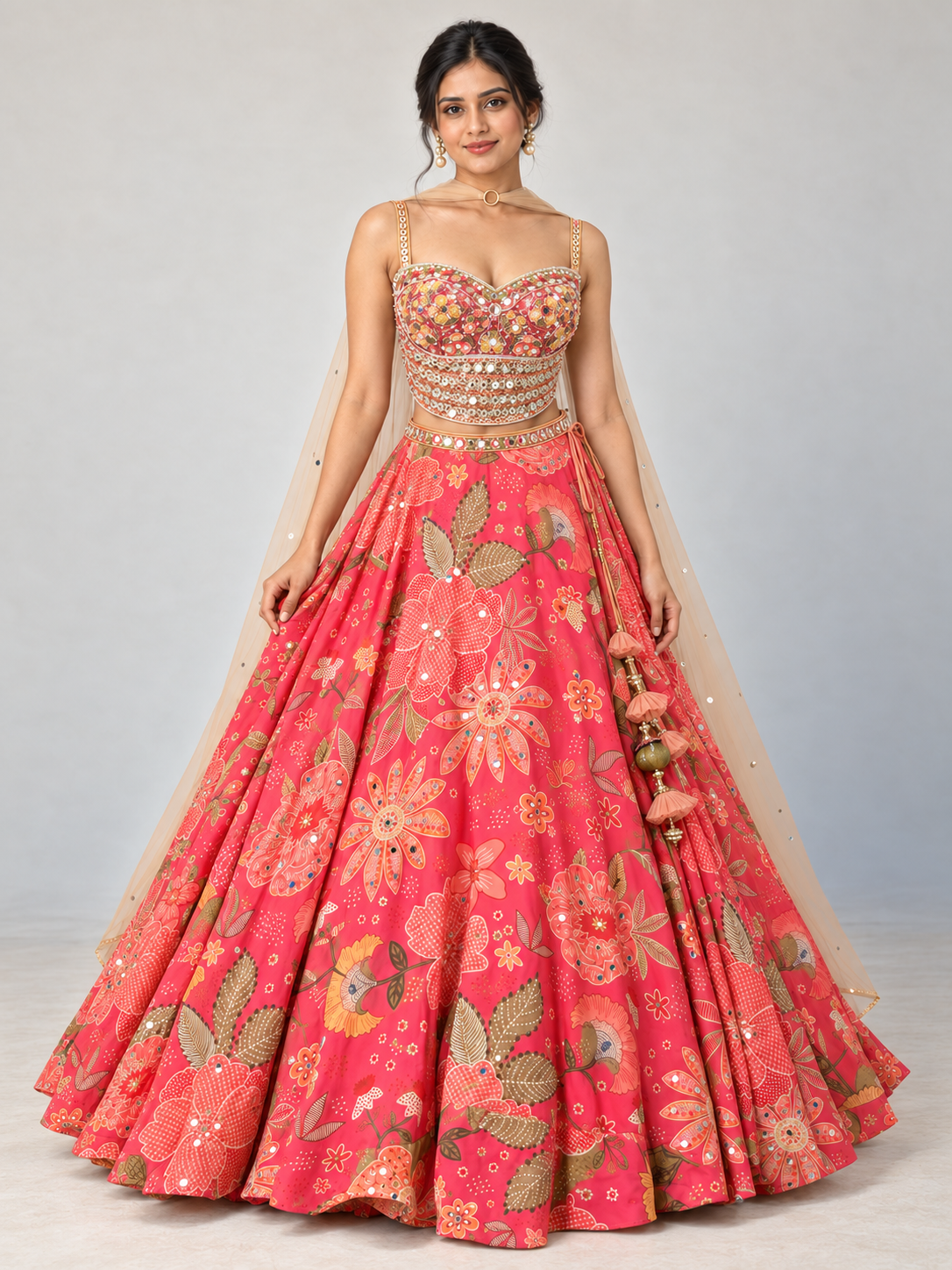 The Rang Mahal Edit: Gulmohar Floral Mirrorwork Georgette Lehenga — Coral Pink — full-length