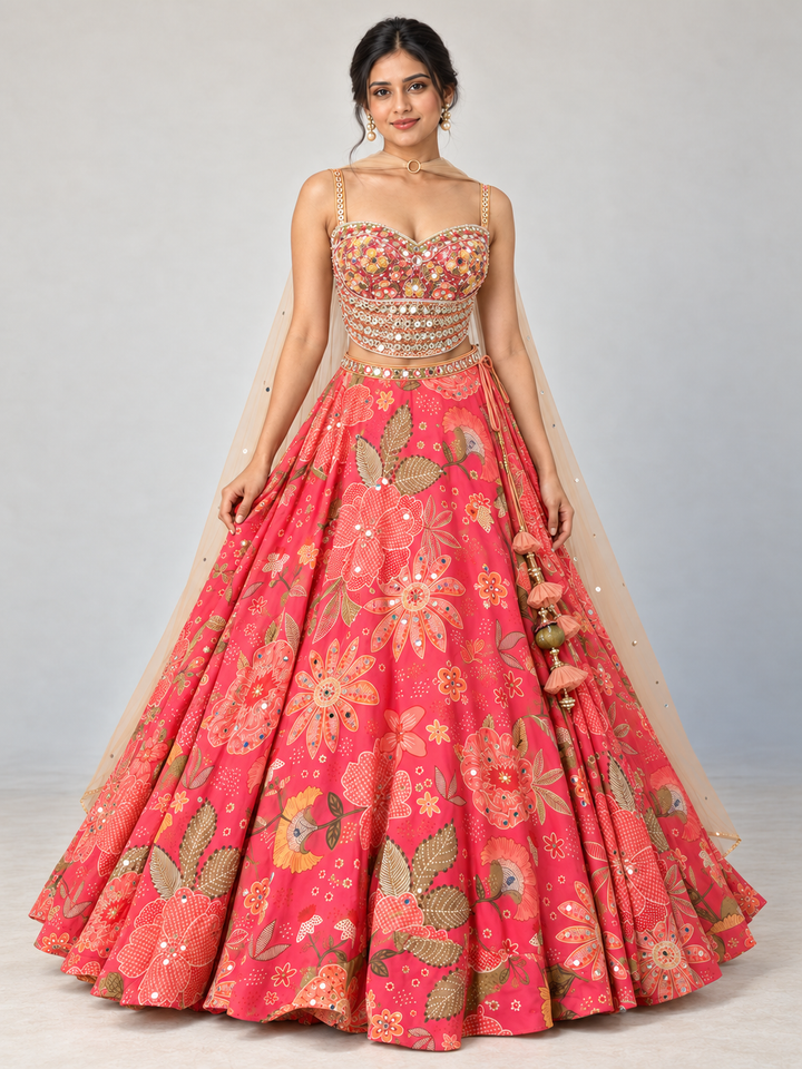 The Rang Mahal Edit: Gulmohar Floral Mirrorwork Georgette Lehenga