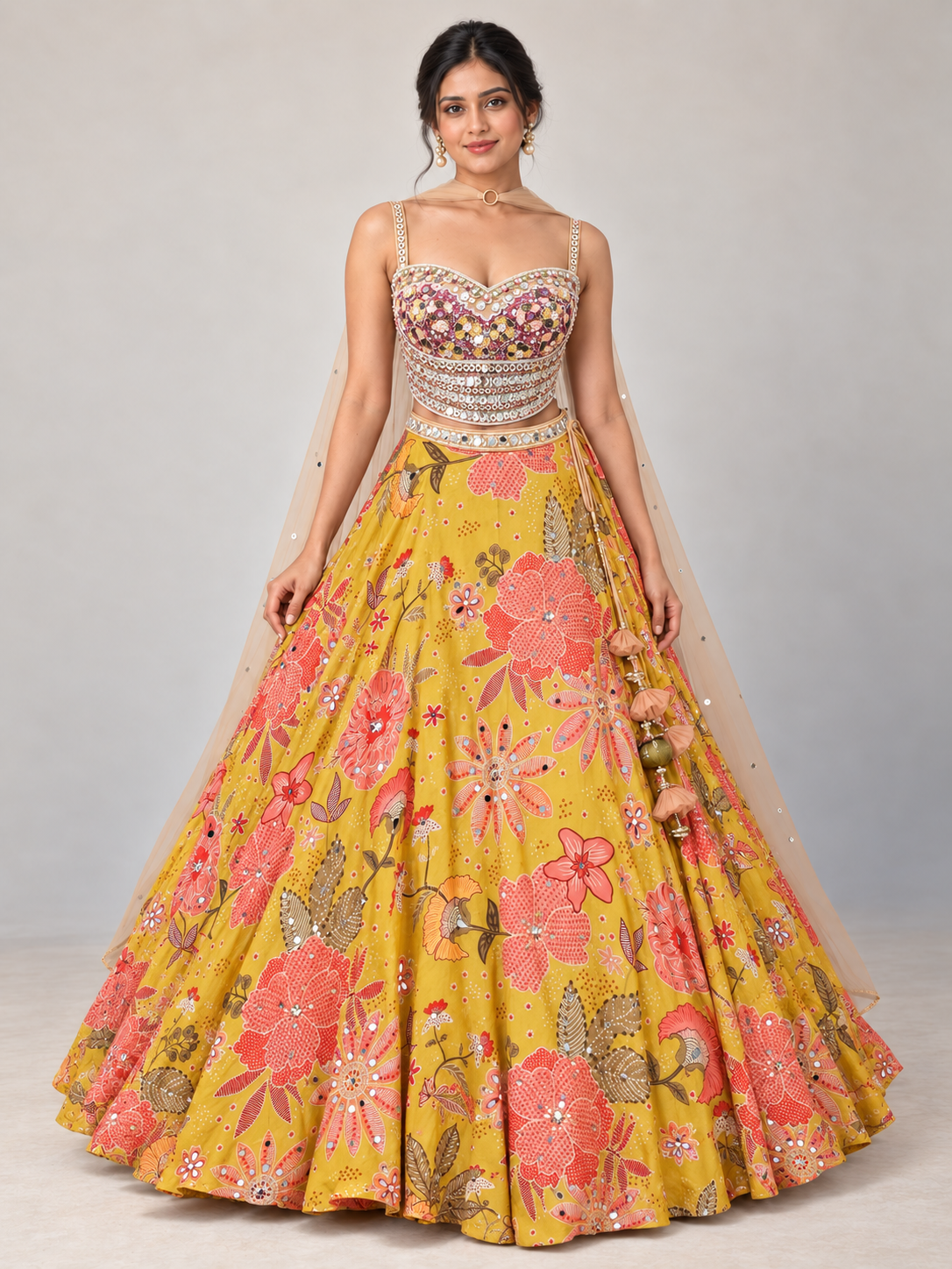 The Rang Mahal Edit: Gulmohar Floral Mirrorwork Georgette Lehenga — Mustard Yellow — full-length