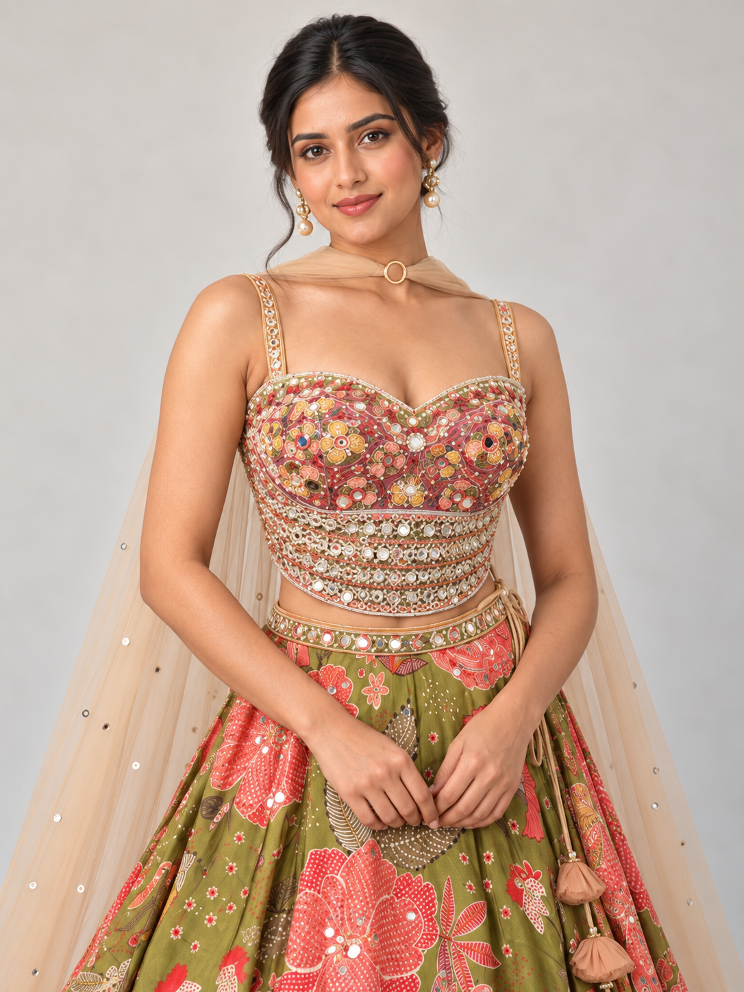 The Rang Mahal Edit: Gulmohar Floral Mirrorwork Georgette Lehenga — Olive Green — close-up
