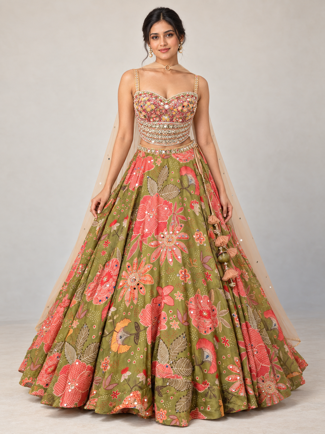 The Rang Mahal Edit: Gulmohar Floral Mirrorwork Georgette Lehenga — Olive Green — full-length