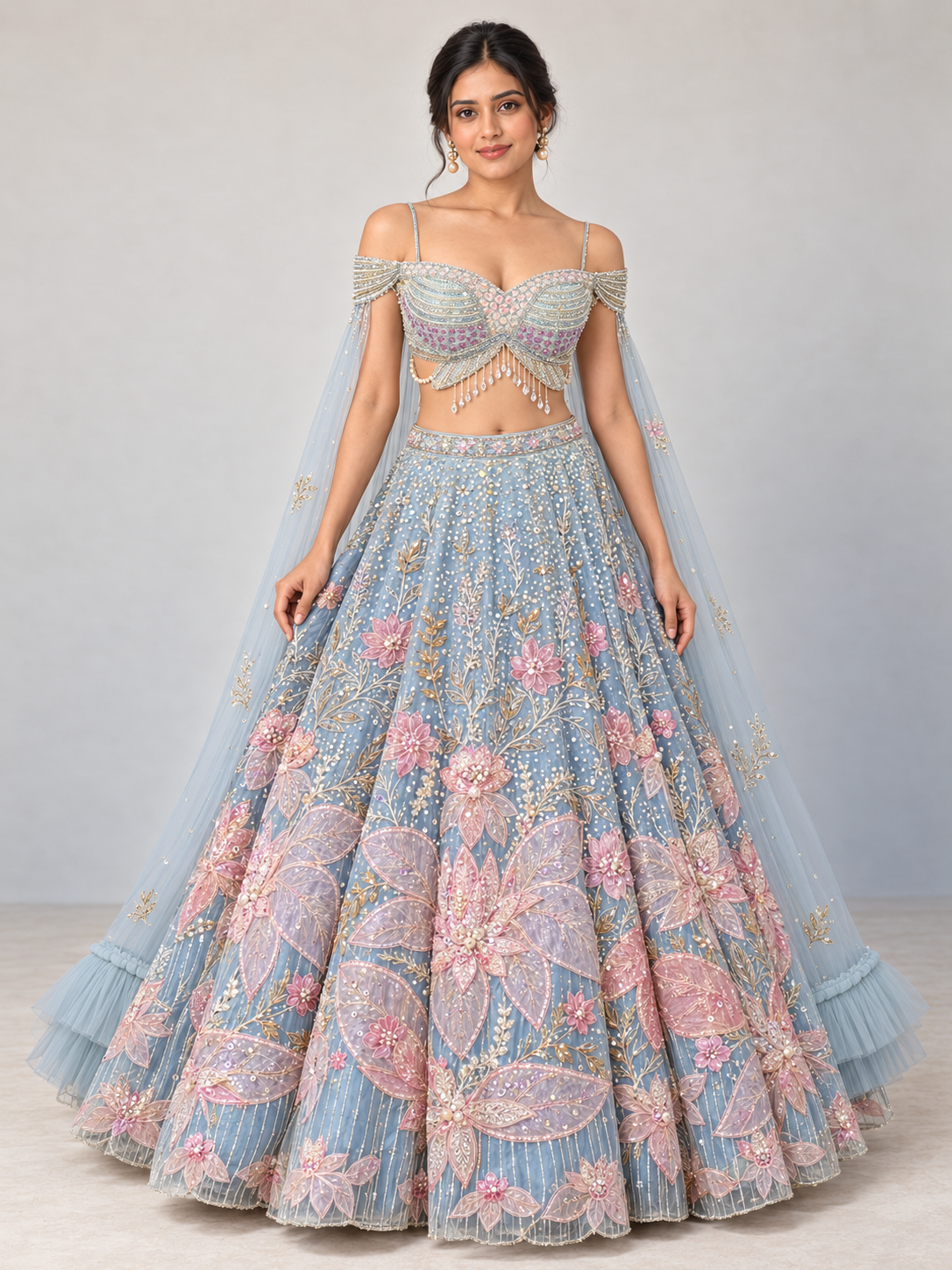 The Rang Mahal Edit: Pushpika Floral Pearl Lehenga — Blue — full-length