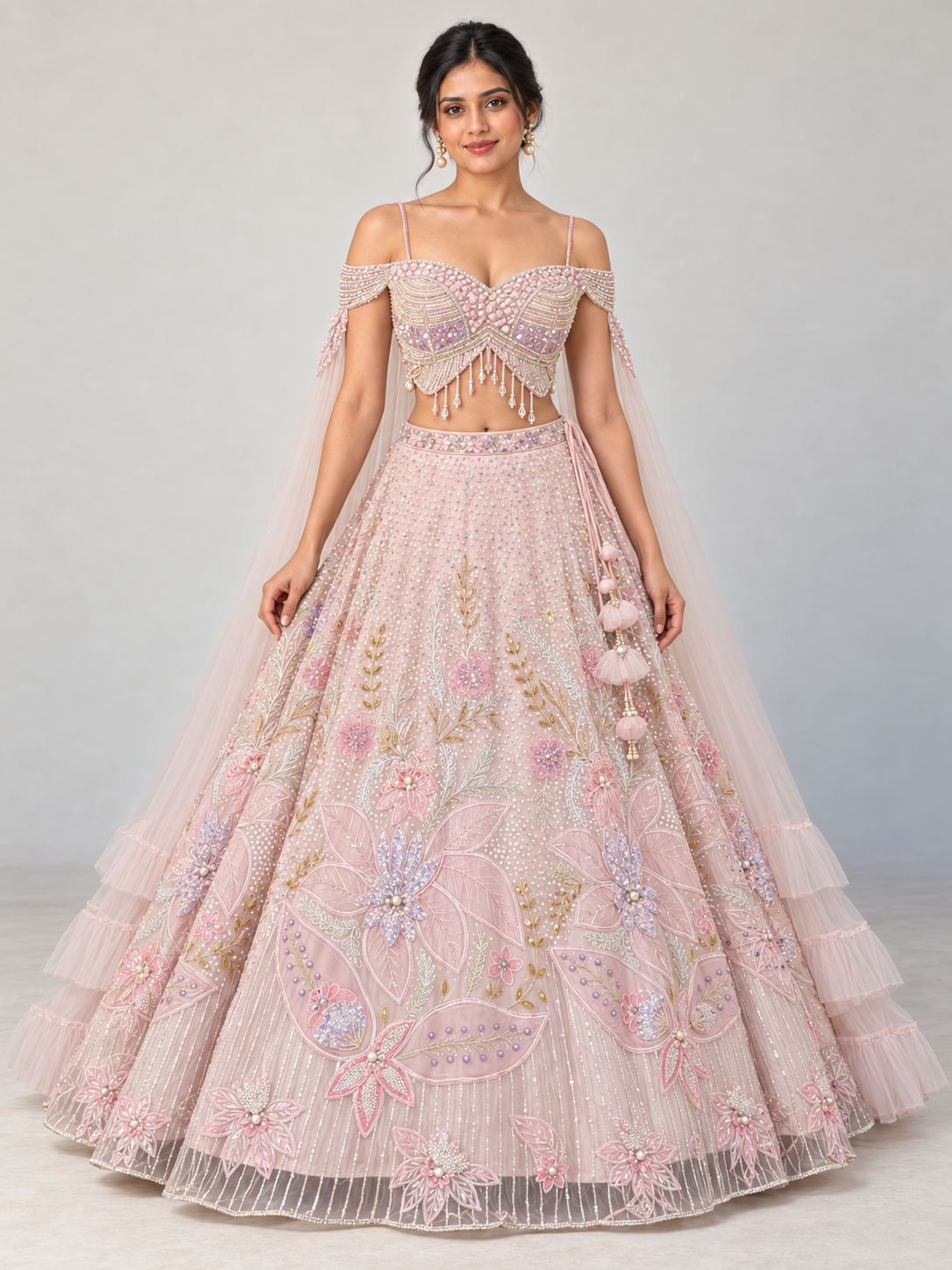 The Rang Mahal Edit: Pushpika Floral Pearl Lehenga — Pink — full-length