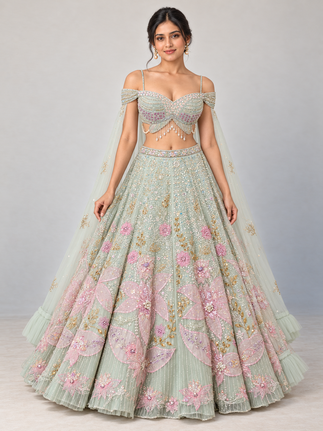 The Rang Mahal Edit: Pushpika Floral Pearl Lehenga — Pista Green — full-length